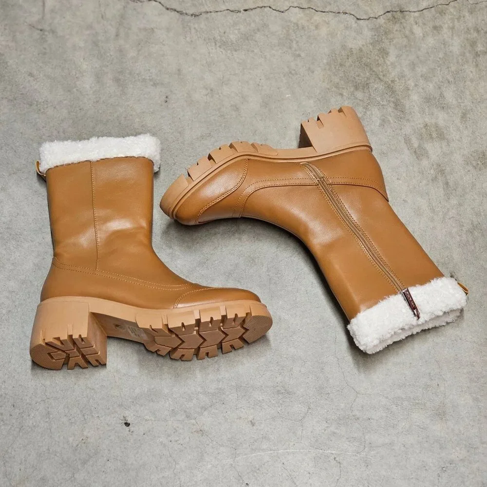 Womens Tan Faux Leather Mid-Calf Boots With Chunky Sole & Faux Shearling Trim